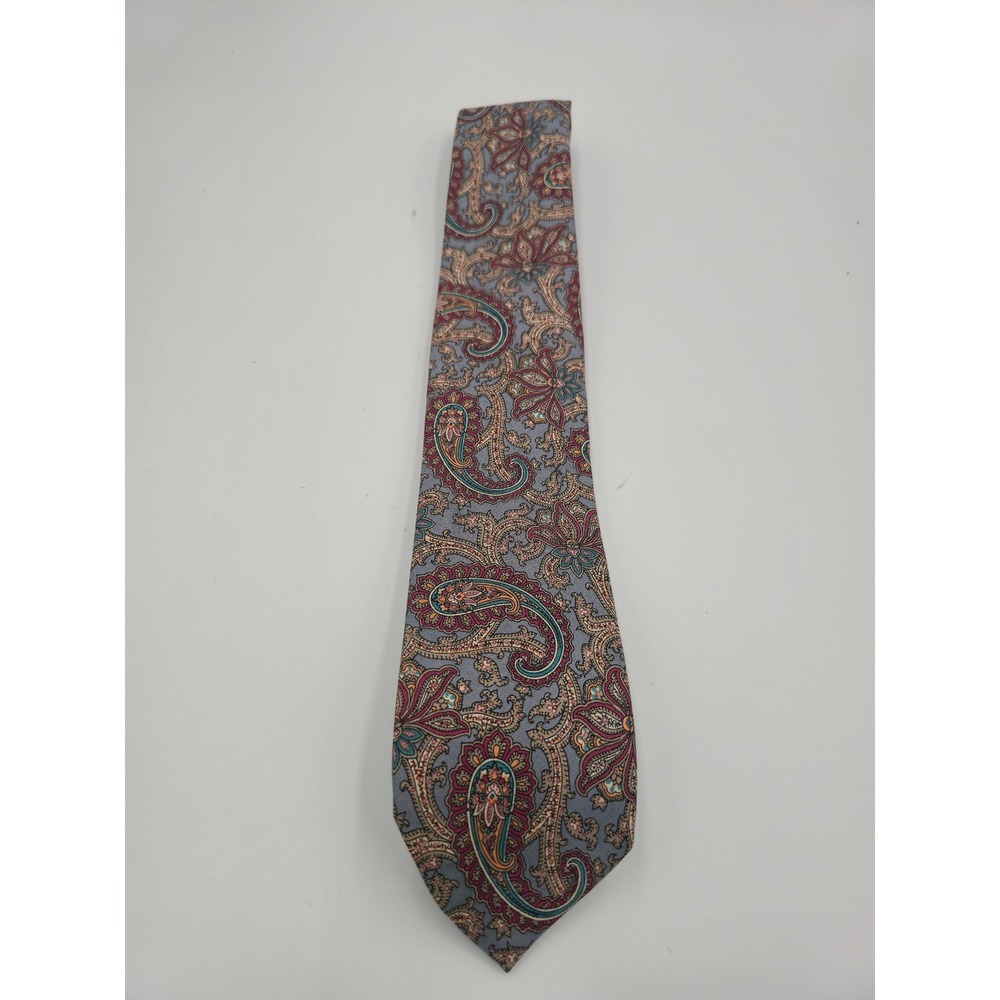 Briar Thompsons Mens Silk Paisley Tie Grey Burgundy Teal Woven in Italy USA Made